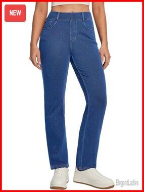 High Waisted Stretchy Pull On Straight Leg Jeans for Women